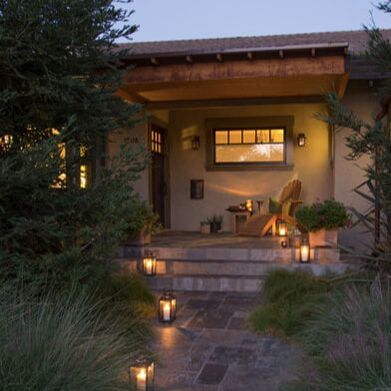 Pasadena craftsman exterior in a classic color palette of pale sage green, dark sage green trim and deep plum accent