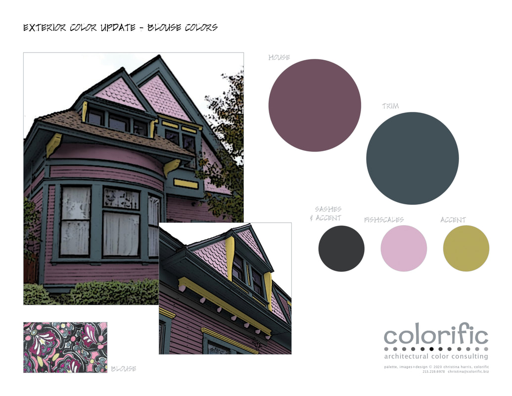 colorful custom colorific exterior rendering for Pasadena Victorian home with fish scale shingles
